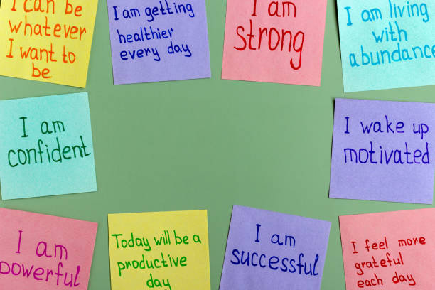 Colorful sticky notes with positive affirmations such as 'I am strong,' 'I am confident,' and 'I am successful,' promoting self-empowerment and positive thinking.