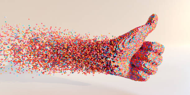 A thumbs-up hand made of colorful pixels dispersing into the air, symbolizing positivity, digital transformation, and the power of approval or affirmation.