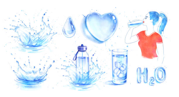 Watercolor illustration showing water splashes, a water bottle, a glass of water, and a woman drinking water.