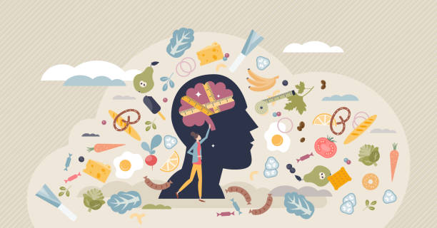 Illustration of how nutrition influences mental health with various food items surrounding a human brain silhouette.