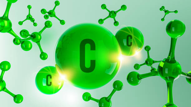 A 3D molecular structure of vitamin C, highlighting its role as a powerful antioxidant essential for healthy skin and protection against oxidative stress.