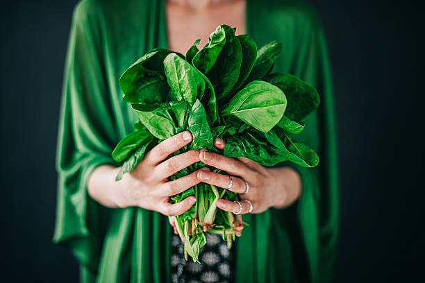 A person holding a fresh bunch of spinach, symbolizing the importance of leafy greens in a plant-based diet and healthy nutrition.