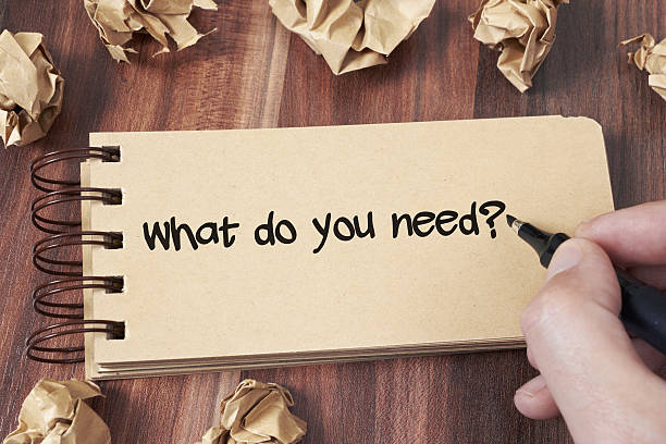 A handwritten note saying "What do you need?" on a spiral notebook, representing thoughtful decision-making between needs and wants in budgeting.