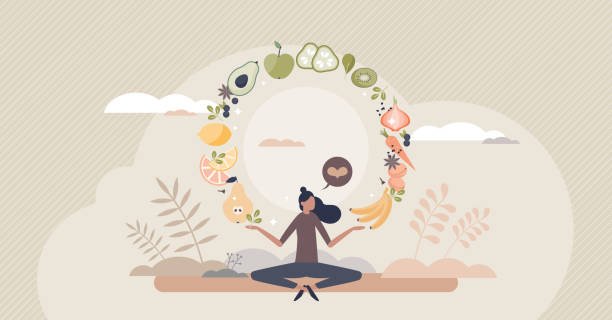 A woman practicing mindfulness in a nature-inspired setting with a balanced arc of nutritious fruits and vegetables, representing optimal Nutrient Absorption.