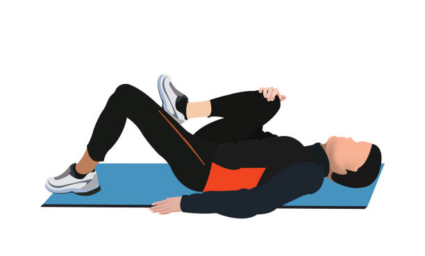 Illustration of a person performing Stretches and Exercises for sciatica pain relief, lying on a mat and pulling one knee toward the chest to ease nerve tension.